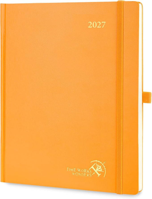 POPRUN 2027 Planner Weekly and Monthly, Large 8.5" x 10.5" Calendar, Jan 2027- Dec 2027 Agenda, Daily Appointment Book with Hourly Time Slots, Monthly Tabs, Hardcover, 100 GSM - Orange