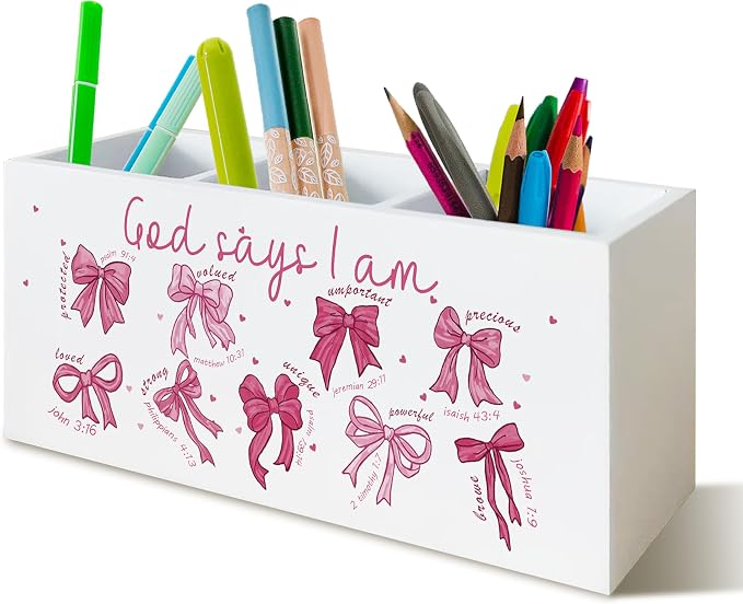 Inspirational Christian Pen Holder for Office Desk Decor, Pink Bow Bible Verse God Say I Am Wooden Pencil Holder Sign Organizer for Home Office Desk Accessories, Christian Gifts for Women Men