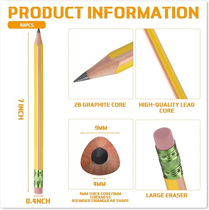Seajan 48 Pcs 2B Jumbo Pencils, Big, Fat, Thick, Triangular Grip 7 Inch Large Pencils Refill with Eraser for Beginners Office Christmas Gifts(Yellow)