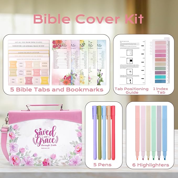 XKDOUS Bible Cover Case Leather Bible Bags with Handle, Tabs, Pens, Study Supplies Organizer Pink Carrying Book Case Large Church Book Holder Christmas Gifts for Women Lady