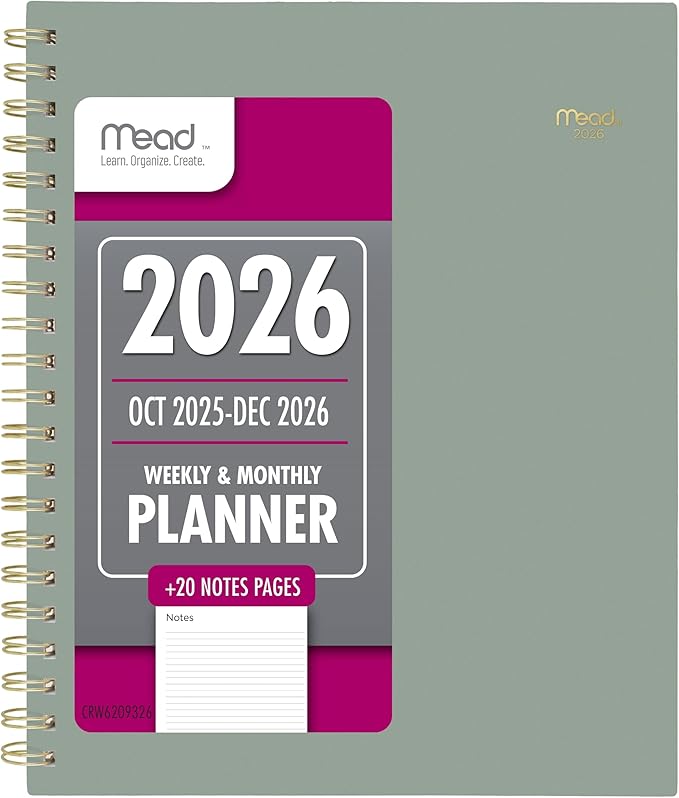 Mead 2026 Planner, Weekly & Monthly, 15-Month, 8-1/2" x 11", Large, Basic, Sage Green (CRW6209326)