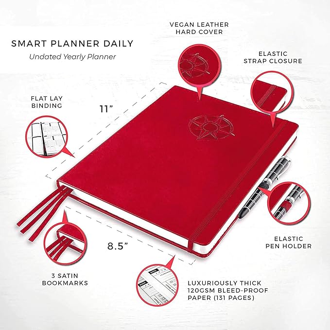 Smart Planner Daily Planner 2024 – Undated A4 Large Planner – Weekly Monthly Daily Journal Planner to Achieve Goals, Full Focus & Productivity, Time Management & Happiness - Hardcover, Leather