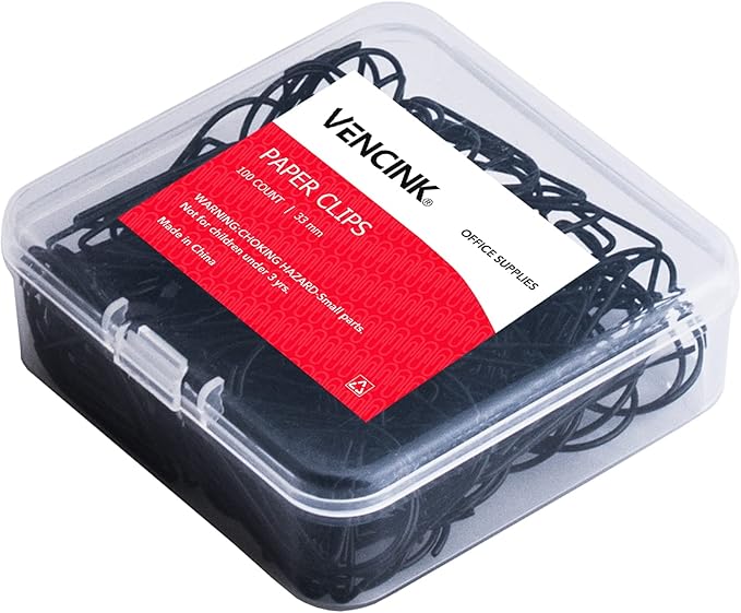 100 Pieces Black Cute Paper Clips Medium, Smooth Stainless Steel Drop-Shaped Wire Paperclips for Office Supplies Wedding Women Girls Kids Students by VENCINK (1.3 inch/33 mm)