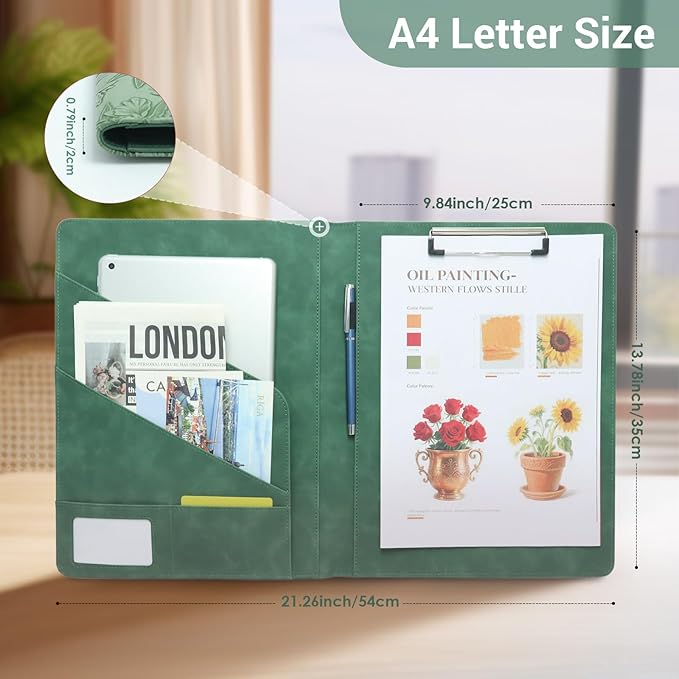 Professional Portfolio Binder, Faux Leather Padfolio for Resume, Note-Taking & Meetings, A4 Letter Writing Pad Holder for Women & Men (Green)