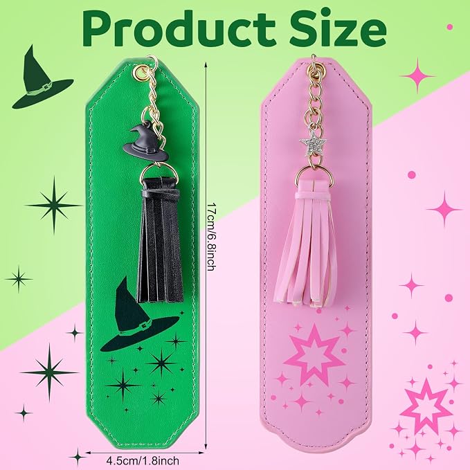 Skyygemm 2 Pcs Leather Witch Bookmark Set Print Witch Book Accessories Pink and Green Bookmark for Bookish Lover Gift Movie Musical Fans Gift Party Favors