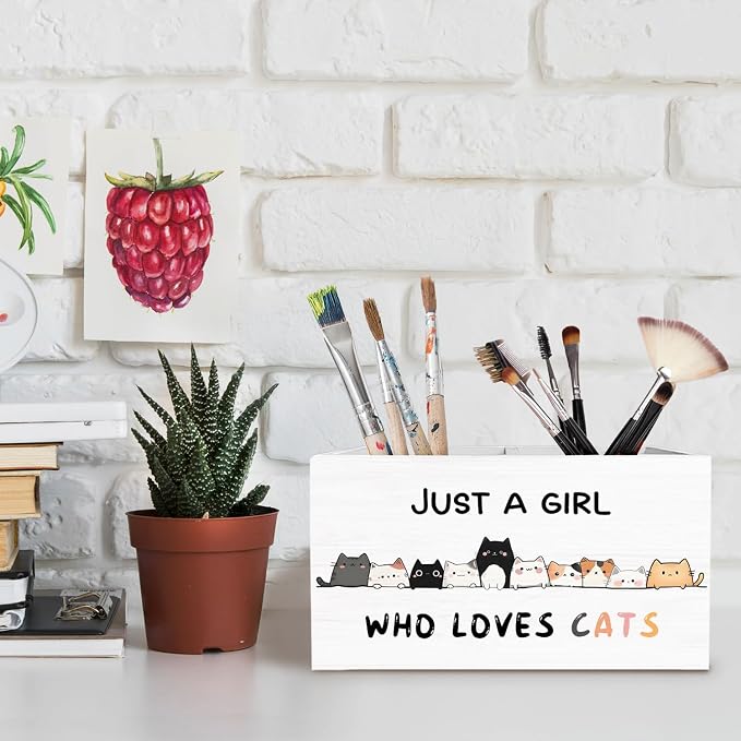 Funny Cat Pen Holder for Desk, Cat Lover Lady Mom Owner Gifts Pencil Organizer, Just a Girl Who Loves Cats Wooden Box Sign Desk Decor for Home Office Decoration