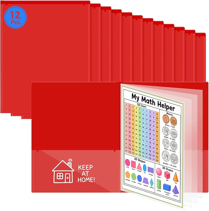 12 Pcs Take Home Folders for Elementary Students,Back to School 2 Pocket Folders with Clear Front Pocket 4 Inner Pockets,Plastic Parent Teacher Communication Folder 11.81 x 9.45 Inch (Red)