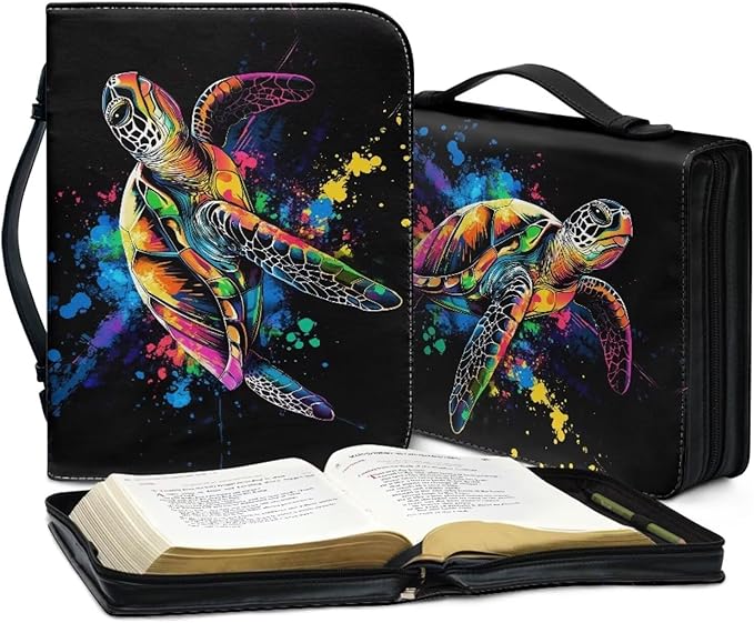 Sea Turtle Bible Cover Case for Women Men，Bible Cover with Durable Handle，Bible Study Accessories Supplies Zippered Pocket-Black-Size L