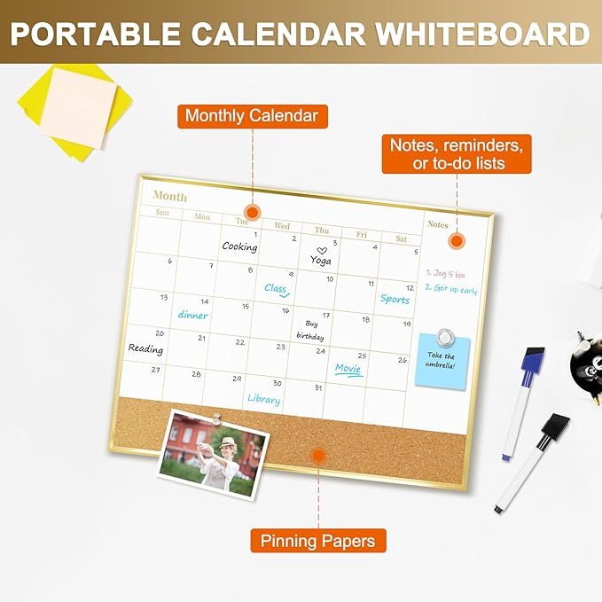 Small Dry Erase Calendar Whiteboard for Wall, 16'' x 12'' Monthly White Board Planner with Gold Frame and Corkboard, Magetic Potable Wipe Board for Home Office School Dorm