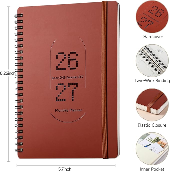 2026-2027 Monthly Planner-A5 Size Calendar Planner -Thick 120g Paper | Hard Cover with Elastic Band and Inner Pocket |Planner For Women,Men |Perfect for Office Home School Supplies & Personal Organizer (Burgundy)