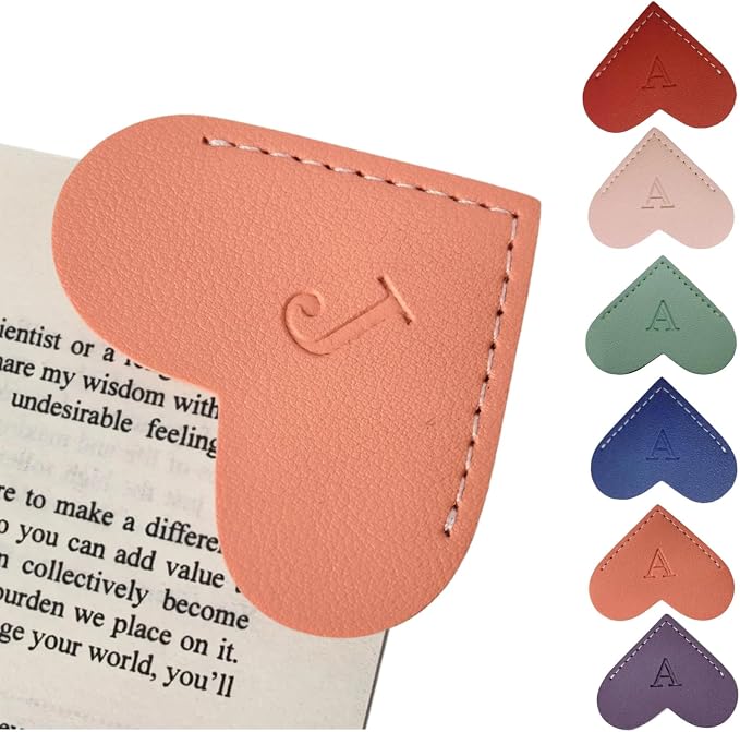 Personalized Leather Heart Bookmarks with Initials, 26 Letters Custom Corner Book Mark for Reading Women,Teacher, Student, Book Lovers Book Marker, Meaningful Gifts(Purple & Orange,J)