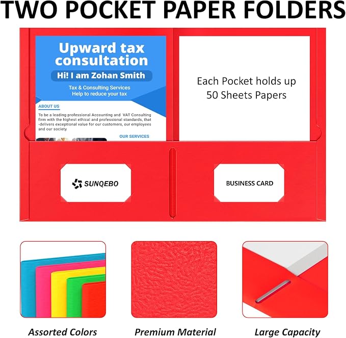 Two Pocket Folders, 5 Pack Paper Folders with Pockets, Thick Textured Paper File Folders, Fit Letter Size Paper, 5 Assorted Colors for Office, Home, Business, School Supplies