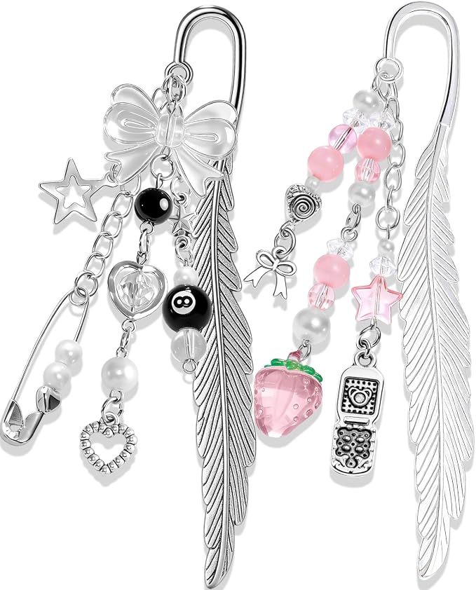 Buleens 2 Pack Bookmarks for Women Reading - Book Marks for Readers Book Lovers, Cute Y2K Pink Bow Strawberry Personalized Metal Bookmark with Pendants, Pretty Aesthetic Book Accessories Reading Gifts