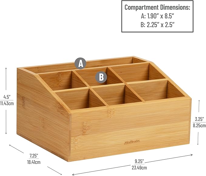 Mind Reader Desktop Organizer, 7-compartment, Office Essentials, Modern, Office, Bamboo, 9.25"L x 7.25"W x 4.5"H, Brown