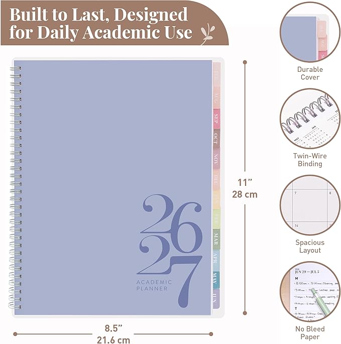 Rileys Academic Planner 2026-2027, Daily, Weekly & Monthly Planner, July 2026 - June 2027, Student Notes Pages, Twin-Wire Binding, Weekly Agenda for School & Work (8.5 x 11-Inches, Classic, Blue)