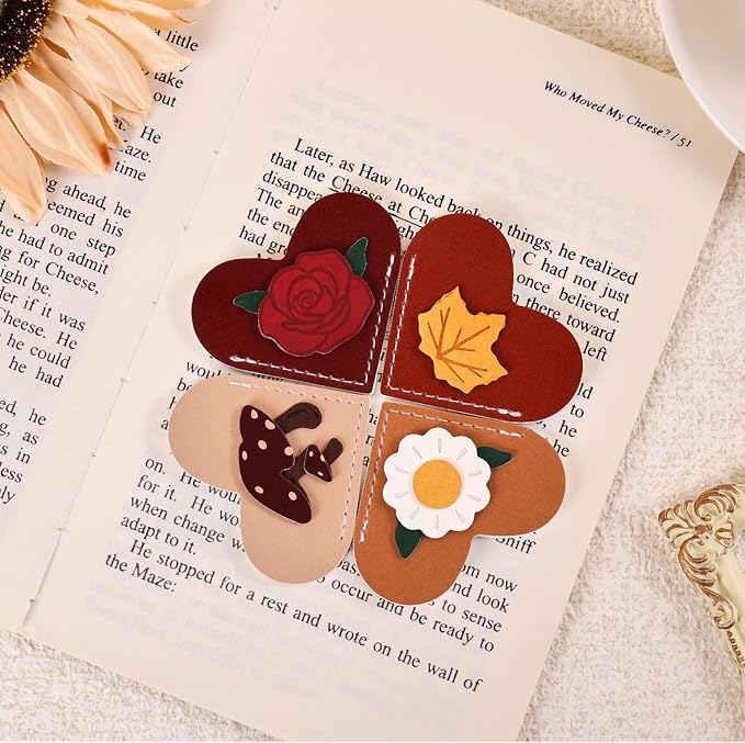 VYRANA 4Pcs Leather Heart Bookmarks - Cute Corner Book Marks Sets for Reading, Vintage Read Lover Gifts for Women Men Teens Kids Reader, Stylish Book Markers for Reading, Ideal Gifts for Planner