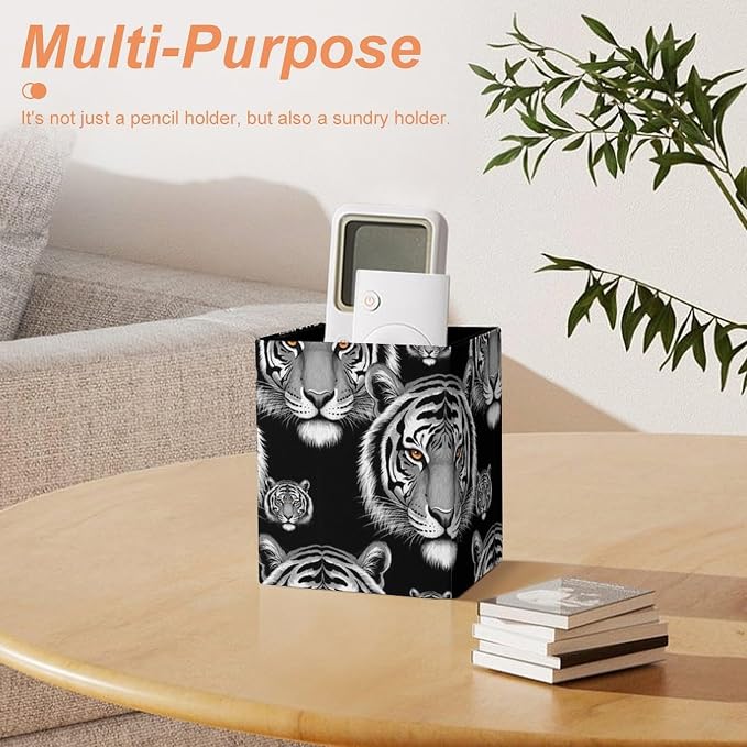 Holder Cup Makeup Brush Storage Organizer, Waterproof Multifunctional Office Supplies, Pen Holder Square Leather Pencil Animal Tiger Black