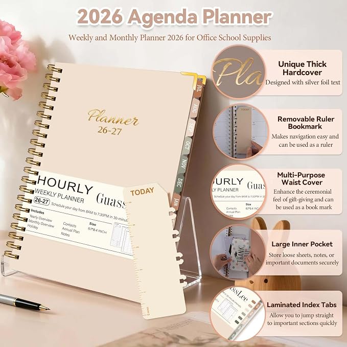 2026-2027 Academic Planner, Weekly & Monthly Appointment Book from Jul. 2026 - Jun. 2027, Work & Life Daily Hourly Planner with Time Slots, A5 Agenda Organizer for Home School Office, Beige,8.4"x 6.1"