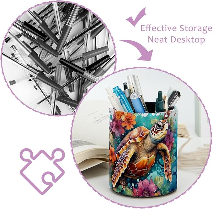 Desk Organizer Pen Holder for Desk, Sea Turtle Flower Pencil Holder, Large Capacity Pen Cup Makeup Brush Holders Desktop Office Supplies Storage Organizer