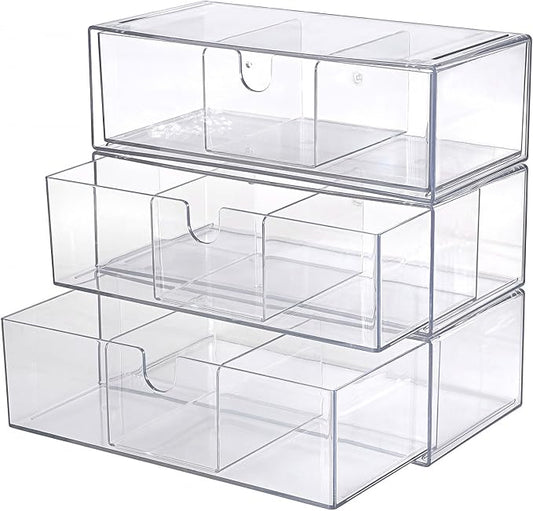 Acrylic Pencil Drawer with Removable Dividers Clear Pull Out Pen Drawer Organizer Stackable Bathroom Organizer for Makeup, Cosmetics, Office Supplies,3 Pack