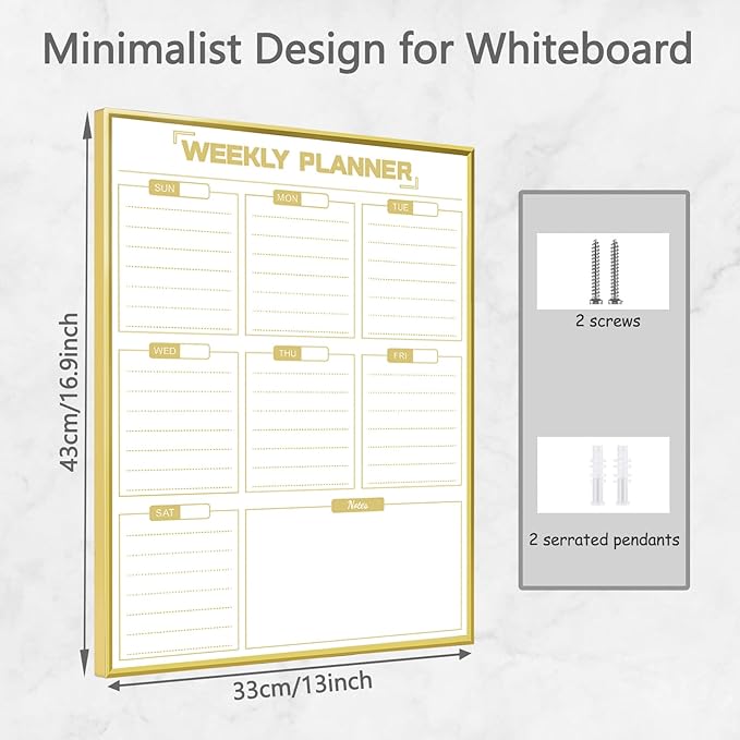 Dry Erase White Board Weekly Calendar Board, Magnetic Whiteboard for Wall, Gold Aluminum Frame Message Board, Vertical, 17“x13“, Planner Board for Office, Home, Schooll(Weekly-BB-Gold-3343-R)