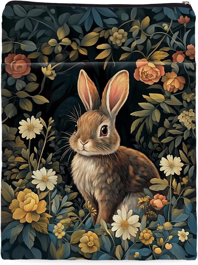 Vintage Flower Rabbit William Morris Book Sleeve for Book Lovers, Bookish Book Protector with Zipper, Washable Fabric Book Cover for Paperbacks & Hardcovers,11.4 x 9.1Inches (Black-Rabbit, Medium)