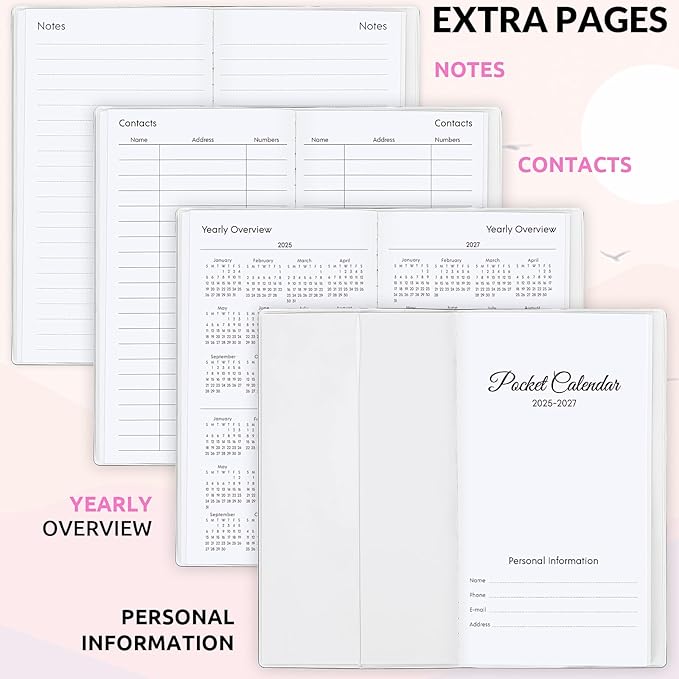 KONVINIT Pocket Calendar 2025-2027, Monthly Planner 2025-2027 - 3.7" x 6.7" - Runs from July 2025 Until December 2027, 2026 Pocket Calendar with PVC Cover for Organizing & Planning