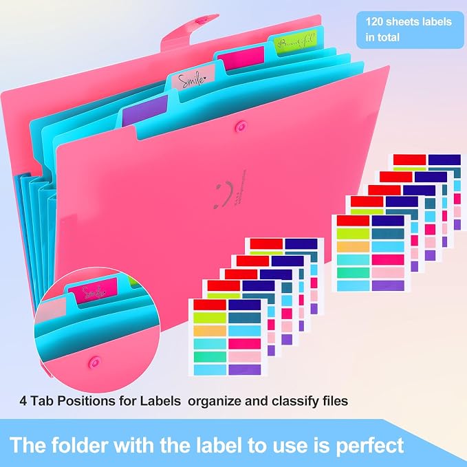 Expanding File Folders with 5 Pocket,A4 Letter Size Accordion Document Organizer,Plastic Expandable File Folder with Snap Closure, 120 Labels in 12 Colors for Office Supplies, Pack of 10