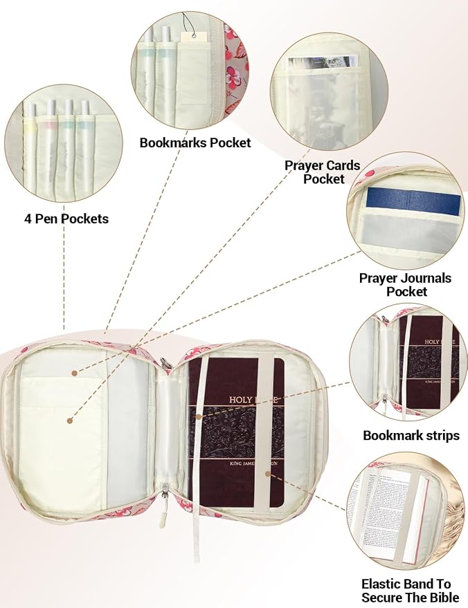 Bible Cover Case for Women, Church Book Pink Floral Bible Bag,Bible Carrying Case for Bible Accessories, Bible Book Cover with Zipper Pockets for Gils fits Bible Size Up to 9.5"x8"x2"