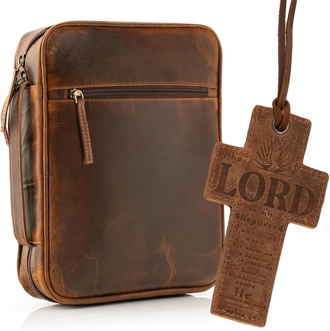 ELIZO Leather Bible Cover for Men Bible Case Women Holder Carrying Organizer Wrap Sleeve Protector Christian Religious Gift Cross Bookmark – Large Antique Brown