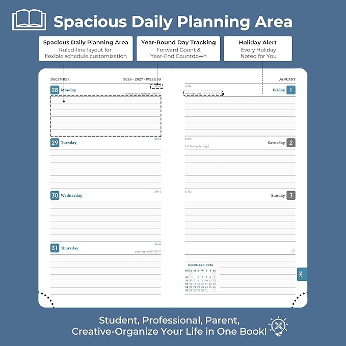 Weekly Monthly 2026-2027 Planner (July 26-Dec 27),6.5"x3.75",18 Months Agenda Plan with Month Tabs & Pocket,Expenses/Note Pages, Academic Calendar with Vegan Leather Cover,Blue