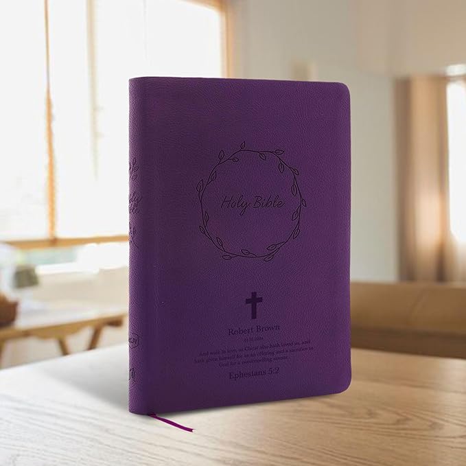 MerchSalad Personalized Custom NKJV Thinline Large Print Holy Bible with Name Includes Up To 3 Rows Of Text with Red-Highlighted Verses, Custom Gift for Christian & Religious Celebrations | Purple