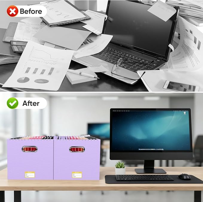BALEINE File Organizer Box, Cardboard File Folder Organizer with Handle for Letter Size, Portable Collapsible Hanging Filing Box for Home Office Document Storage (1 Pack, Large Lavender)