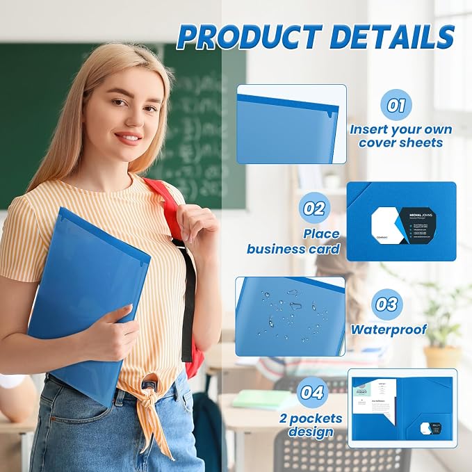 Henoyso 18 Pack Blue Plastic Folders with Clear Front Pockets Heavy Duty File Folders with 2 Pockets and Card Slot for Student Communication School Office Presentation Report