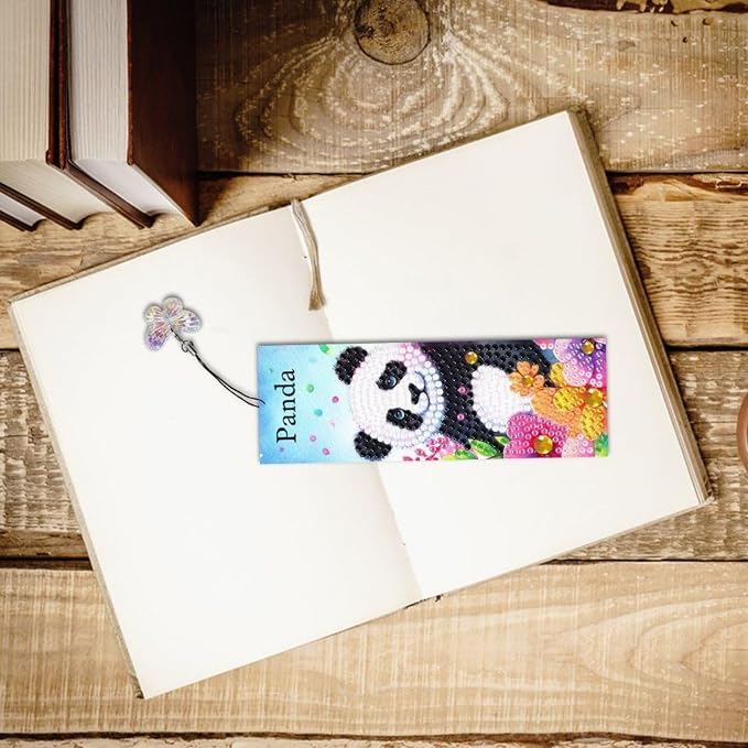 ARTopet 3Pcs DIY Diamond Art Painting Bookmarks with Colorful Butterfly Pendant PET Bookmark Ornament Double Sided Pattern Single Sided Diamond Book Marker Clip Gifts Tags-Panda