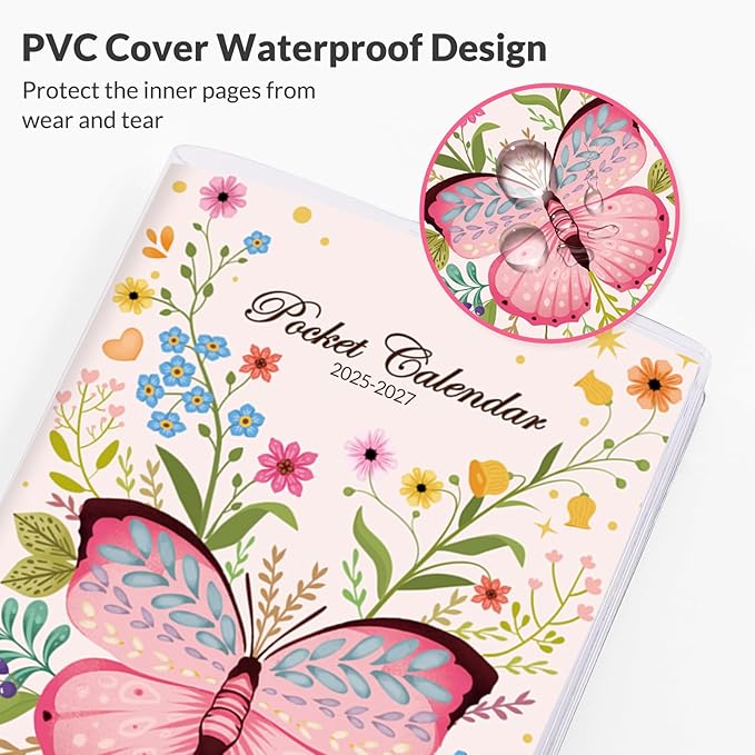 Phyxin Pocket Calendar 2025-2027, Two Year Pocket Planner - Runs From Jul 2025 Until Dec 2027, Small Size Planner - 6.7" x 3.7", Small Calendar for Easy Organizing, Butterfly