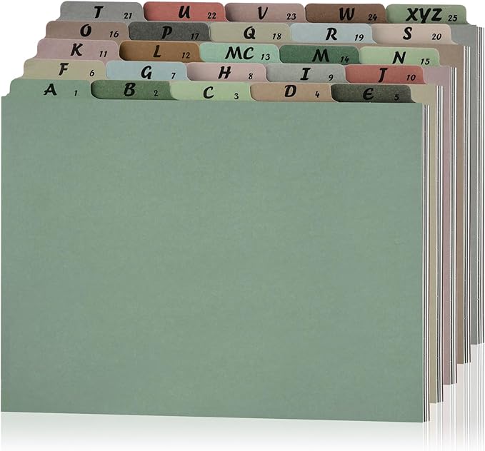 1 Set 25 Pack Alphabet File Dividers Letter Size, 1/5 Cut Tab A-z File Guides Number Folder Organizer for Filing Cabinet and Desk Home Office School(Morandi Color)