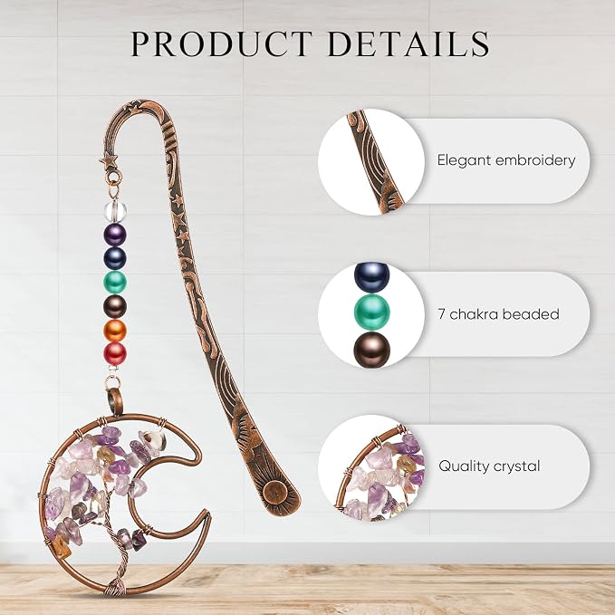 4 Pcs 7 Chakra Crystal Bookmark Antique Copper Metal Beading Healing Stone Vintage Bookmarks Tumbled Gemstones Book Markers for Student Office Birthday Present(Fresh Style)