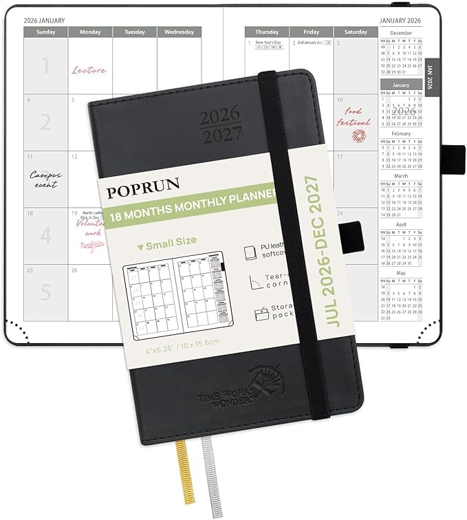 POPRUN Pocket Monthly Planner 2026-2027 (Pocket- 4''x 6.25''Soft Leather Cover) - 18 Month Calendar Book for Purse (Jul.2026-Dec.2027), 100 GSM Thick Paper - Black