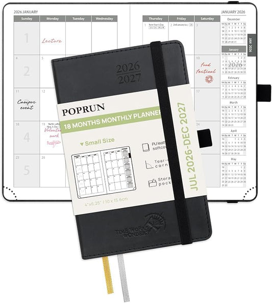 POPRUN Pocket Monthly Planner 2026-2027 (Pocket- 4''x 6.25''Soft Leather Cover) - 18 Month Calendar Book for Purse (Jul.2026-Dec.2027), 100 GSM Thick Paper - Black