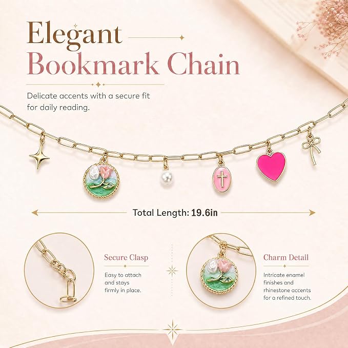 Vintage Pearl Star Bow Bible Charm Chain - Christian Biblebook Accessory Faith Gift, Scripture Bookmark Decor for Bible Spine Edge, Religious Charms for Book Lovers