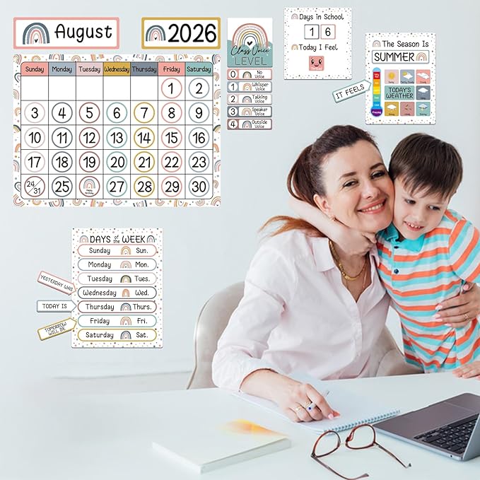 BelleAngle Boho Rainbow Calendar Bulletin Board Set with Seasons, Festival, Weather and Days of The Week for Classroom Home Decoration Supplies