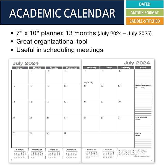 Elan Publishing Company Academic Calendar - 13 Months (July 2024 - July 2025) 7" X 10" Saddle-Stitched Dated for 2024-2025 Academic Year (Blue)