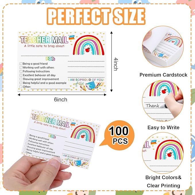 100pcs Teacher Mail Cards Teacher Notes for Students, Classroom Must Haves for Teachers Elementary Boho School Supplies Class Rewards Cards, Class Incentives for Elementary Students Good Behavior