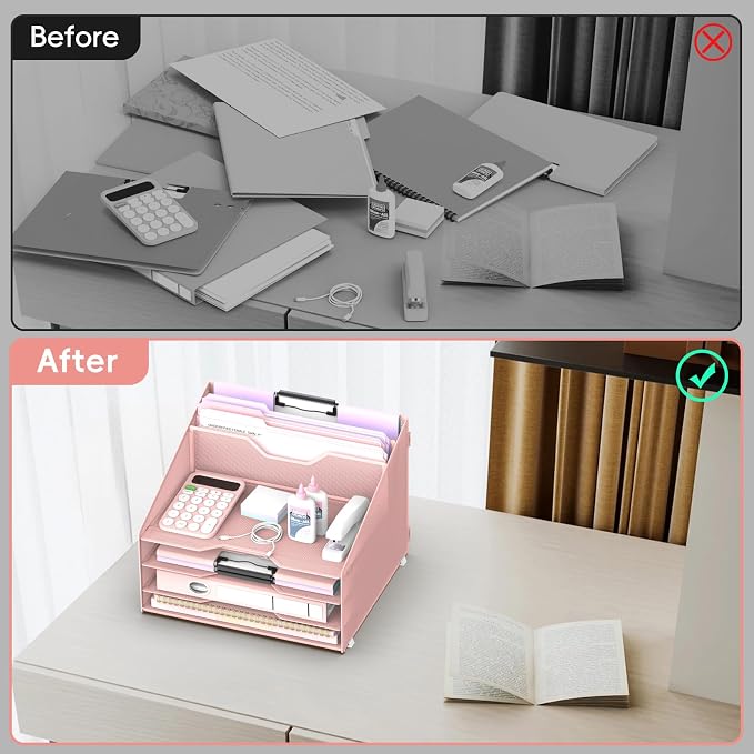 Desk File Organizer, Paper Organizer with 4 Letter Trays and 2 Vertical Upright Sections, Desk Organizers and Accessories for Office, School, Home (Pink)