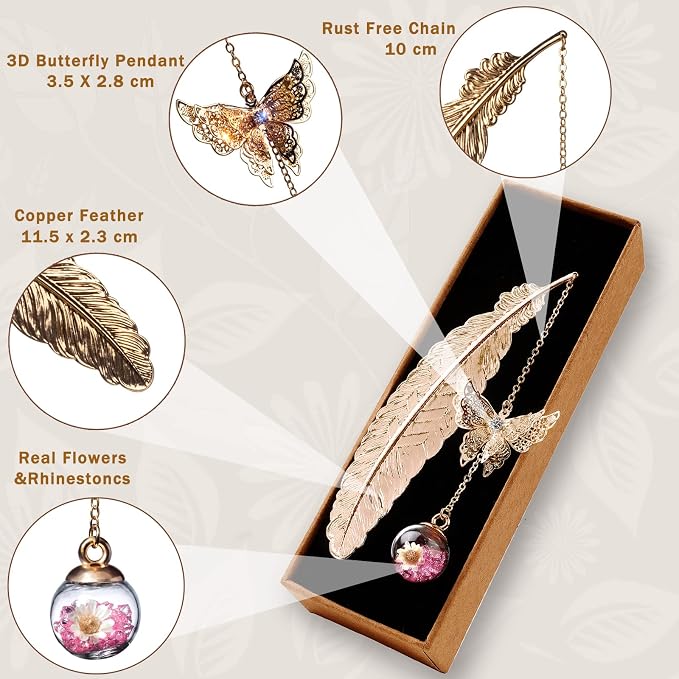 Teacher Appreciation Gifts for Women - Metal Feather Bookmark with 3D Butterfly Charm – Mother’s Day Gifts for Mom, Thank You Gifts, Book Lover Gift Under 10 Dollars, Gift Box Included