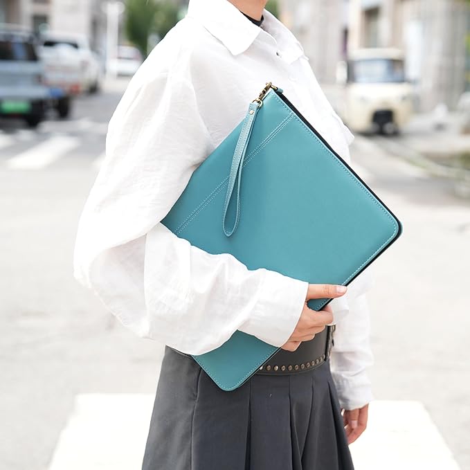 Wason A4 Portfolio with Zipper - Leather PU Padfolio with Detachable Ring Binder and Writing Notepad Holder, Conference File Multi-Pockets Organizer for Office Travel School (Cyan)