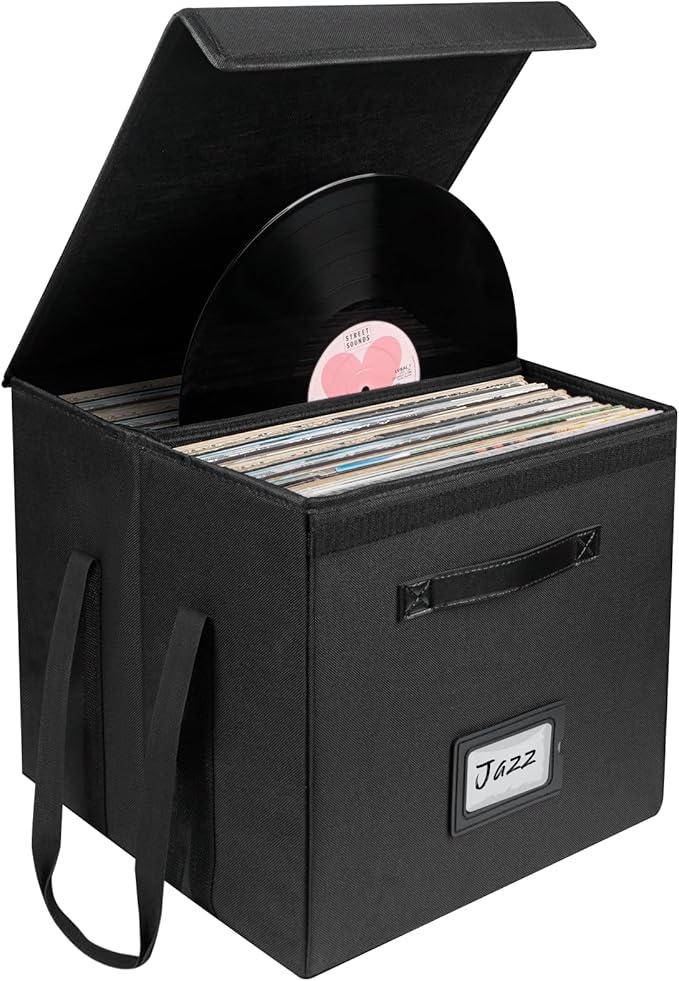 Uniclife Vinyl Record Storage Box, Collapsible LP Storage Organizer with Lid & Handles, Splash-Resistant Album Storage Crate for 80 Single Records (12"), Black Vinyl Record Holder, 13" × 13" × 13"