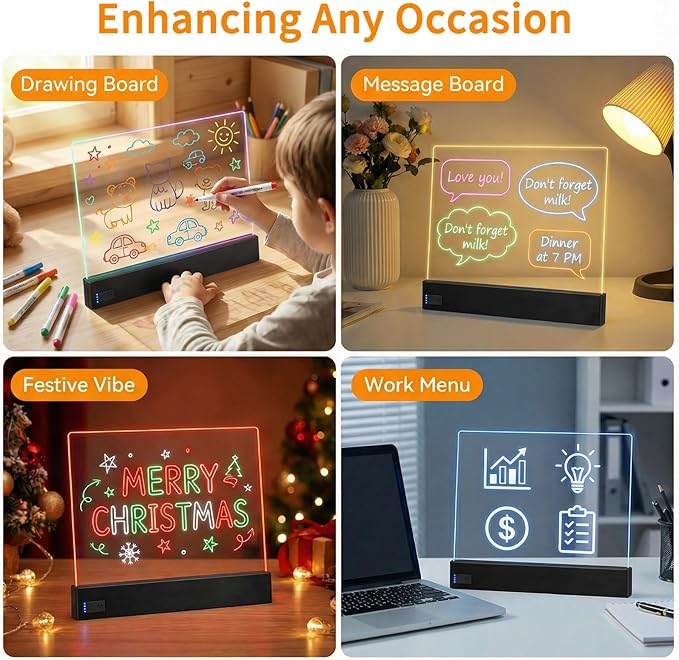 LED Note Board with 8 Dry Erase Markers for Girls Boys Toys, 13"x10" Glow Drawing Board with 7 Colors for Kids Gifts, Rechargeable Light Up Writing Pad, Lumiboard Doodle Tablet for Holiday