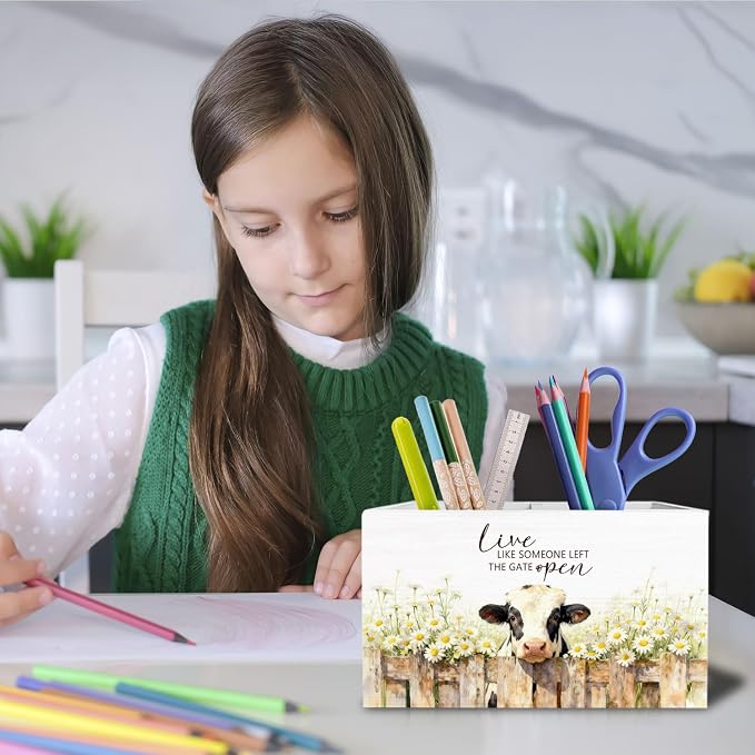 Rustic Daisy Floral Cow Pen Holder for Desk, Gifts for Cow Lovers Pencil Organizer, Live Like Someone Left the Gate Open Wooden Box Sign Desk Decor for Home Office Decoration